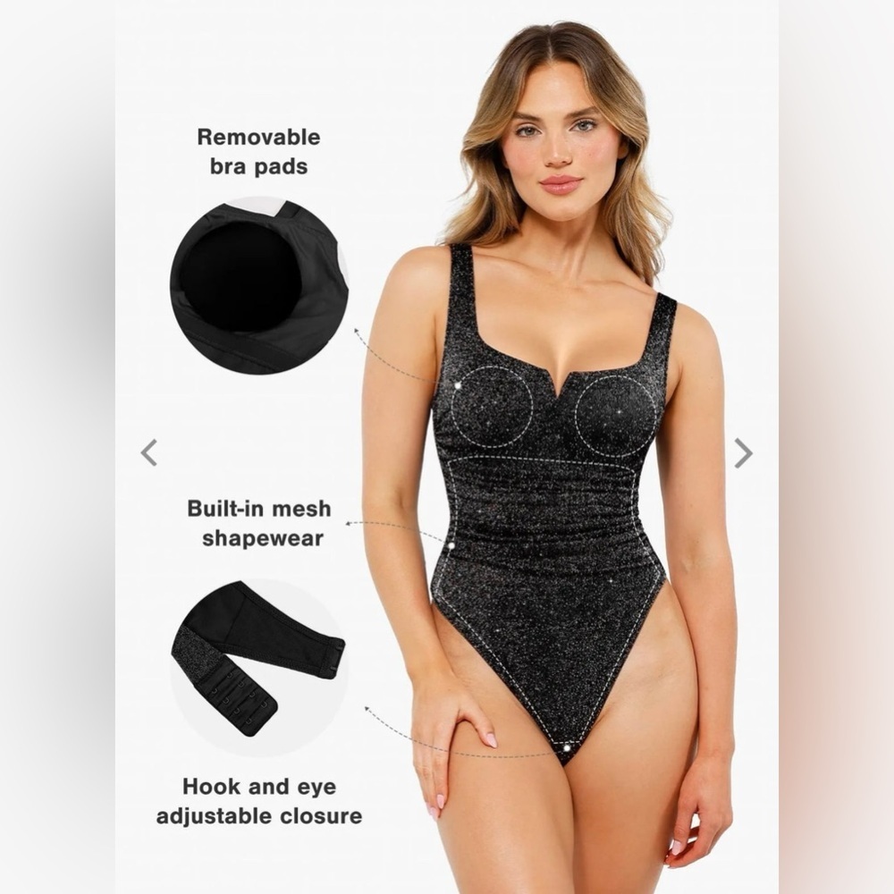 NEW POPILUSH Shapewear Ruched Metallic Knit Square Neck Slimming Bodysuit Black - Picture 5 of 9